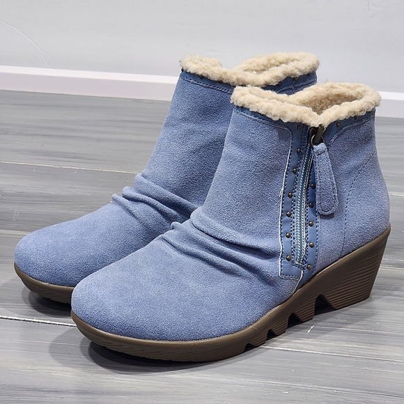 Skechers Booties Jumper Sweet Stud Blue Suede Sherpa Lined Wedge Boots Size 6 - Picture 2 of 12
